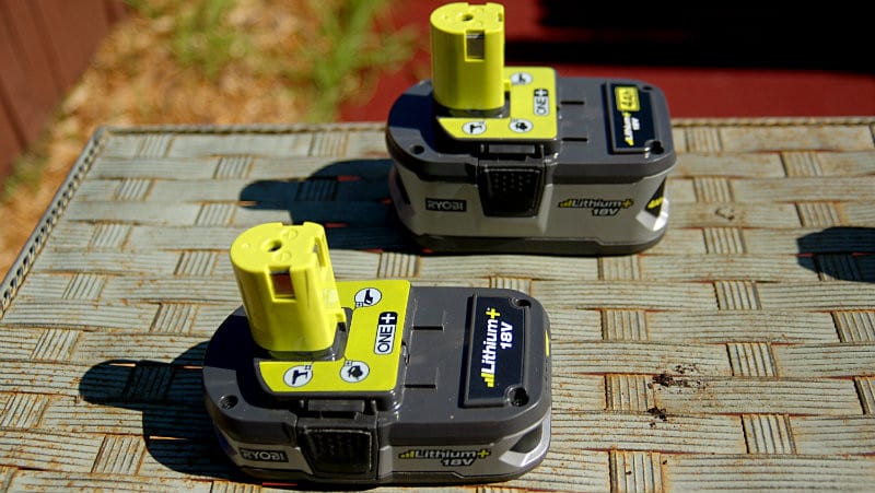 two 18V ONE+ Ryobi batteries with different capacities