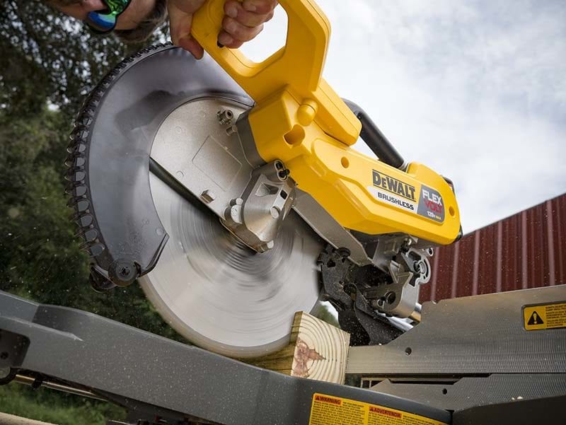 DeWalt FlexVolt 120V Max Double Bevel Sliding Compound Miter Saw Action