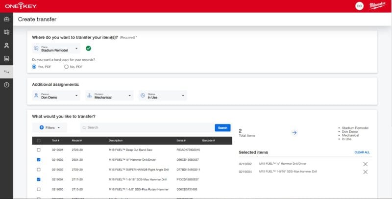 ONE-KEY Transfers dashboard