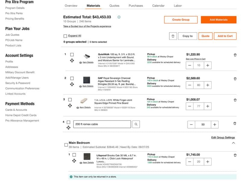 Home Depot Project Planning Tool Estimate